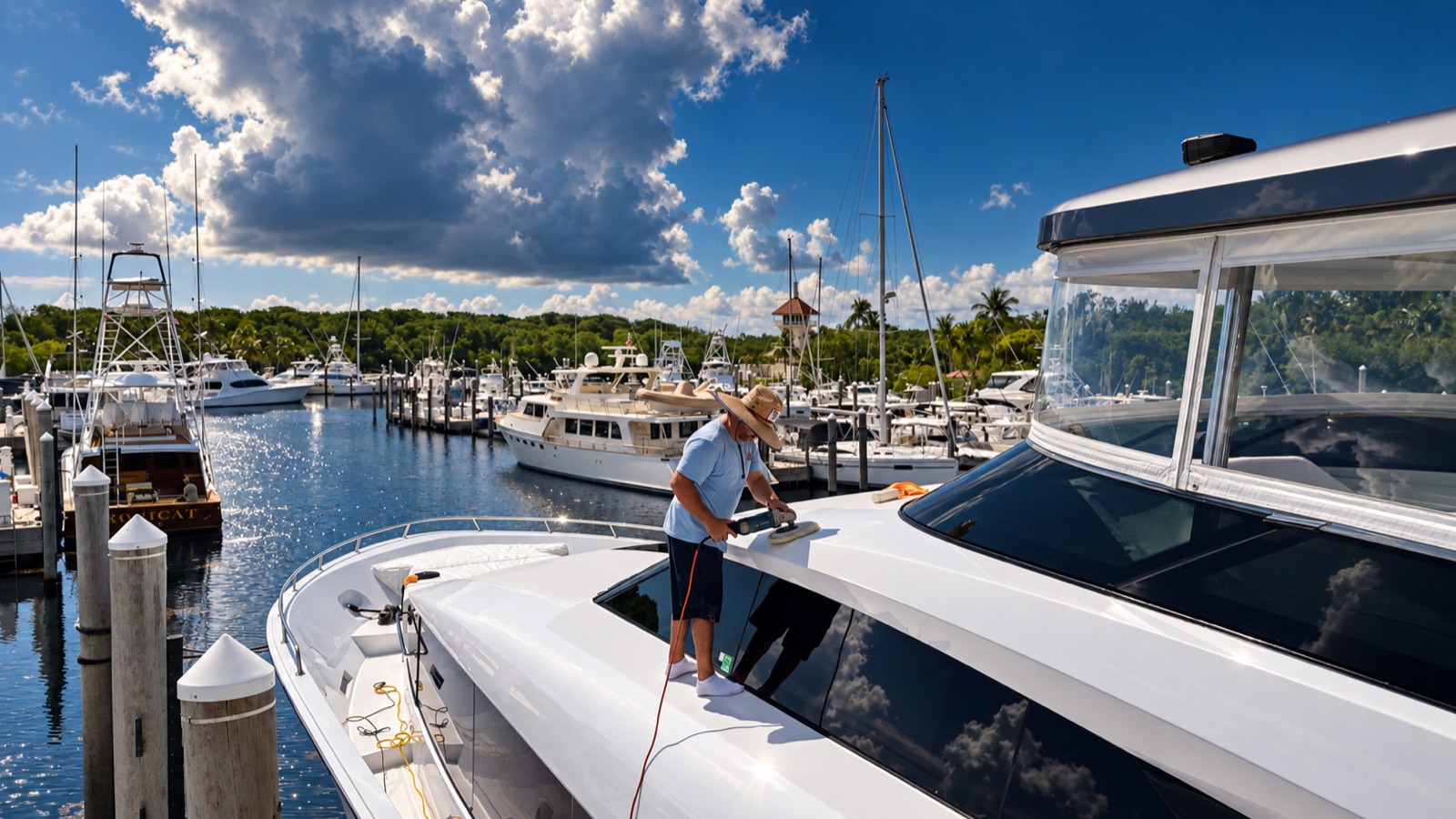 Lulu's Amazing Detail technician ceramic coating a yacht deck at Cocoplum Marina
